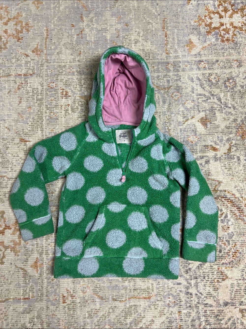 Mini Boden Green Polka Dot Hooded Fleece Style Top